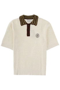 Cream-colored knit polo shirt with textured herringbone pattern and brown ribbed collar by Drôle de Monsieur