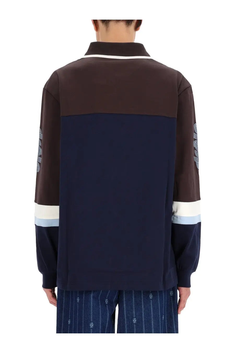 Drôle de monsieur men’s polo shirt racing blue with brown and navy color-blocking and striped cuffs with embroidery