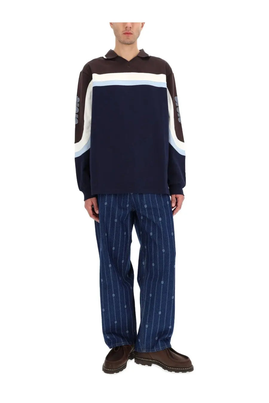 Drôle de Monsieur men’s long-sleeved polo shirt in racing blue with white stripes and subtle sleeve patterns