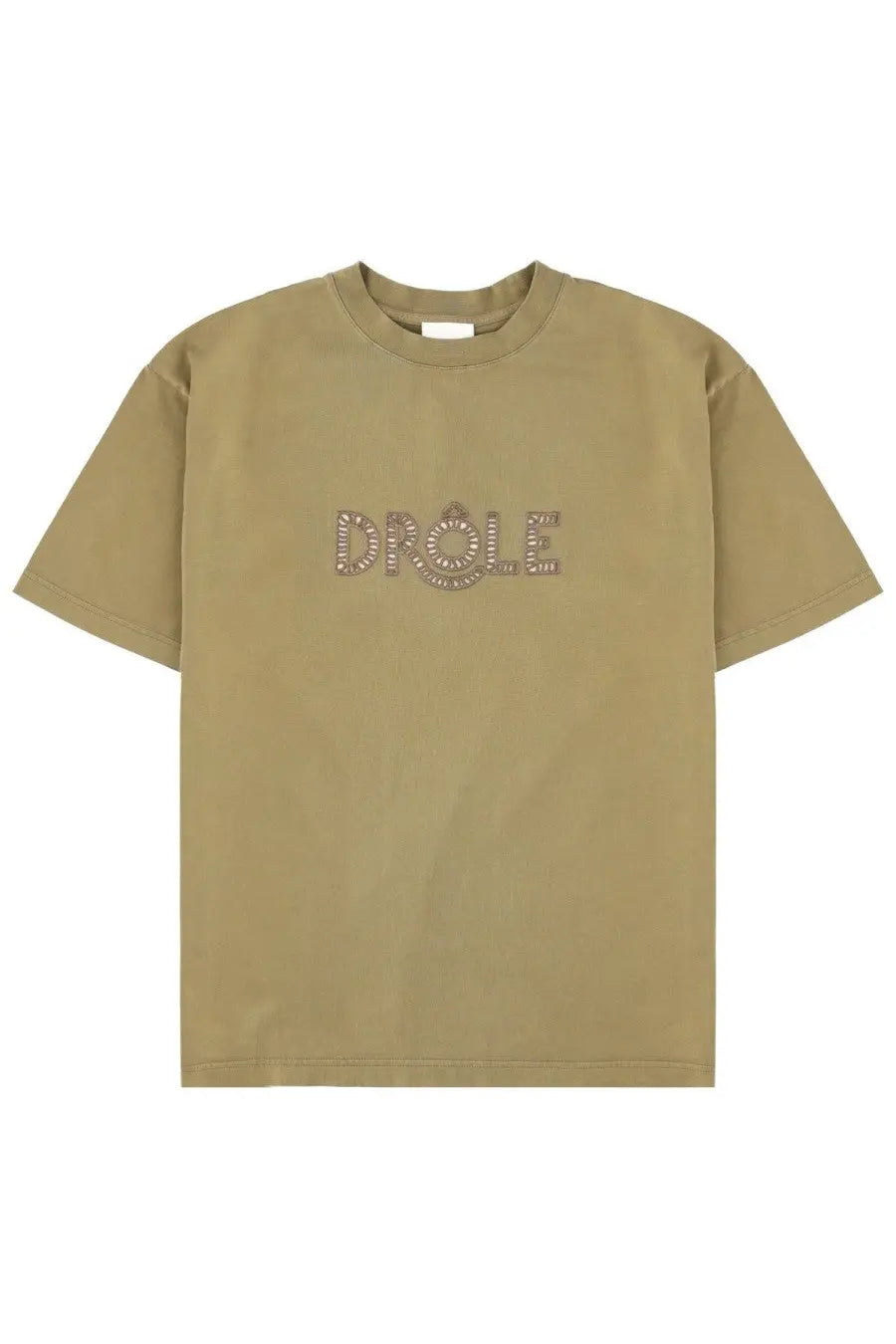 Khaki short-sleeved Drôle de Monsieur men’s shirt ajouré brown with sparkling gemstone embellishments spelling drole