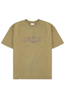 Khaki short-sleeved Drôle de Monsieur men’s shirt ajouré brown with sparkling gemstone embellishments spelling drole