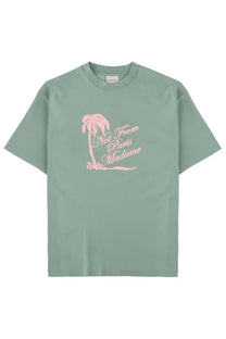 Drôle de Monsieur men’s soft mint green short-sleeved t-shirt with pink palm tree and slogan not from Paris Madame