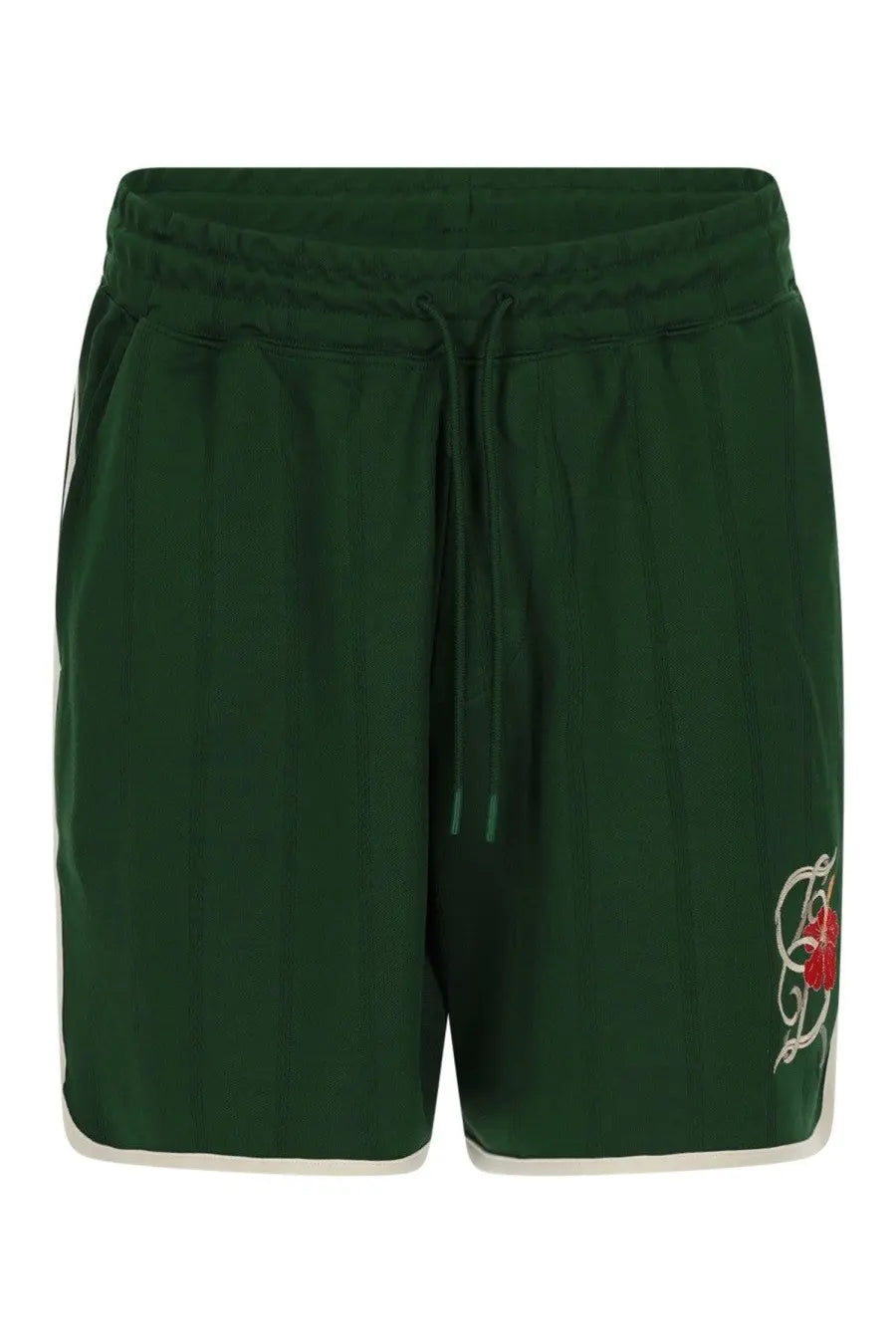 Dark green drôledemonsieur men’s athletic shorts with white side stripes and red rose logo on lower right leg