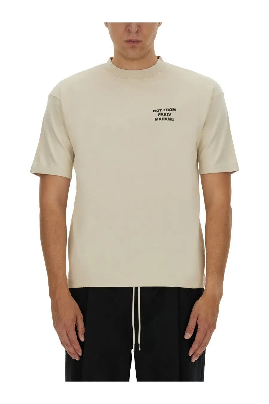 Drôle de monsieur men’s beige crew-neck t-shirt with black embroidered slogan not from paris madame on the left chest