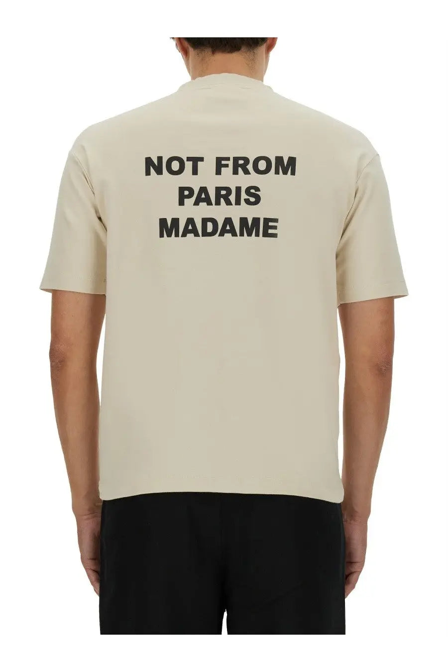 Beige cotton drôle de monsieur men’s short-sleeved t-shirt with bold black slogan not from paris madame on the back