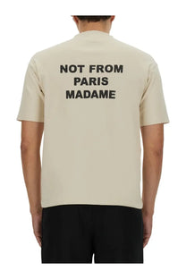 Beige cotton drôle de monsieur men’s short-sleeved t-shirt with bold black slogan not from paris madame on the back