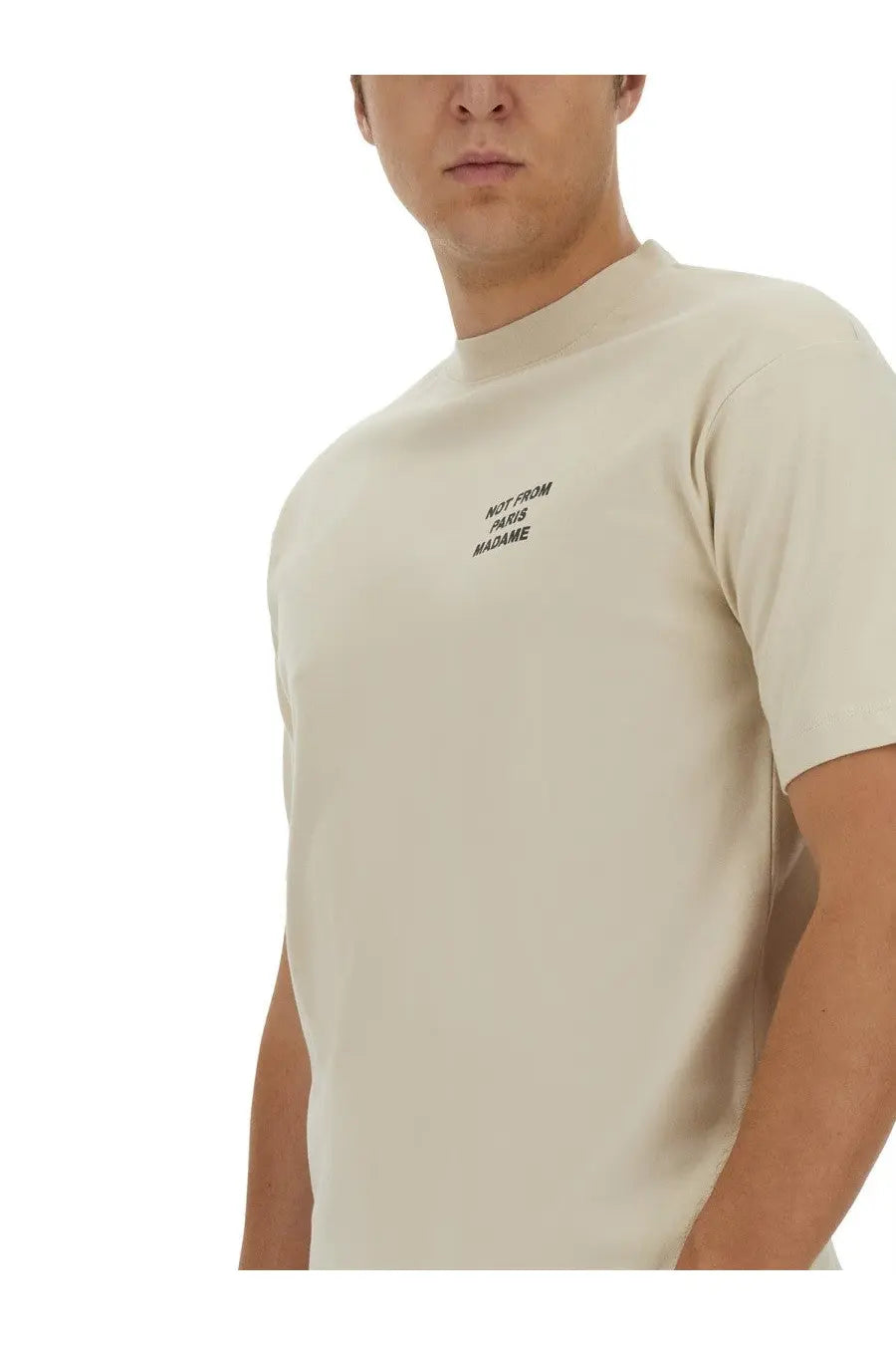 Drôle de Monsieur men’s beige short-sleeved t-shirt with subtle black embroidered slogan on chest