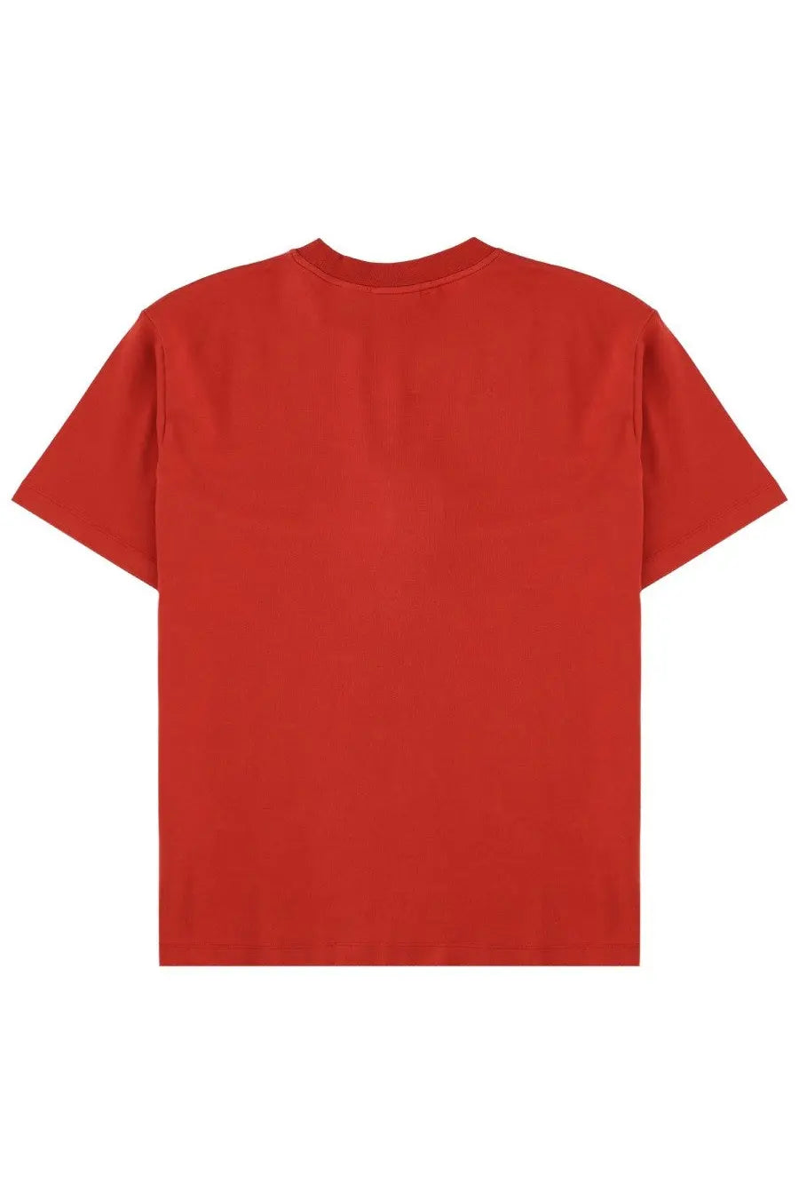 Red short-sleeved cotton t-shirt with simple crew neck design from drôle de monsieur men’s slogan shirt collection