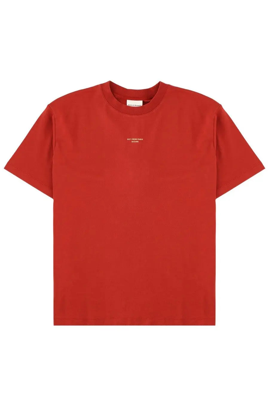 A vibrant red short-sleeved crew neck cotton t-shirt with a minimalist white logo on the chest by drôle de monsieur
