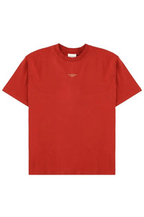 A vibrant red short-sleeved crew neck cotton t-shirt with a minimalist white logo on the chest by drôle de monsieur
