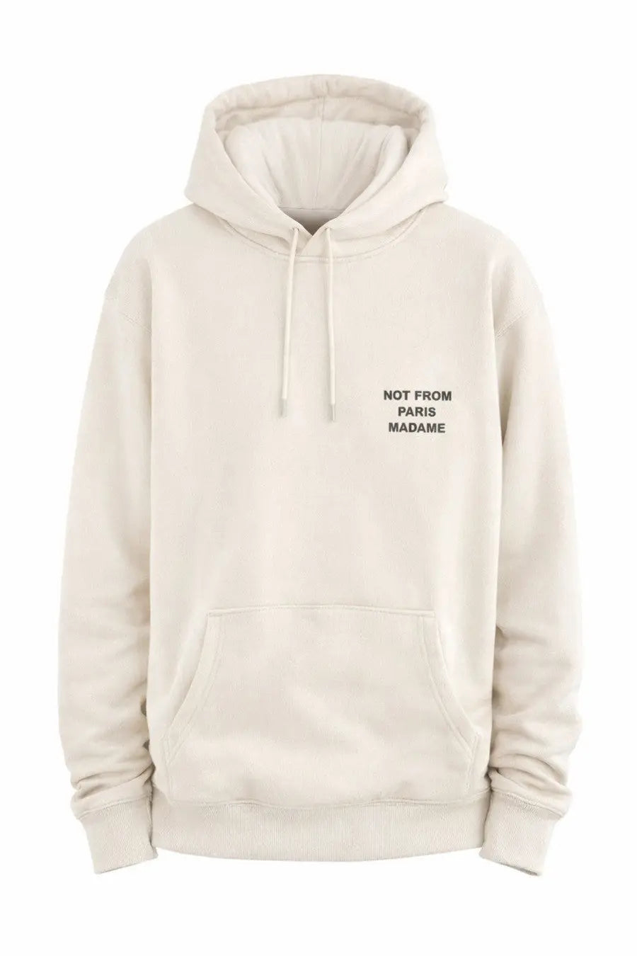 Cream-colored cotton Drôle de Monsieur men’s hoodie with subtle not from Paris Madame text embroidered on chest