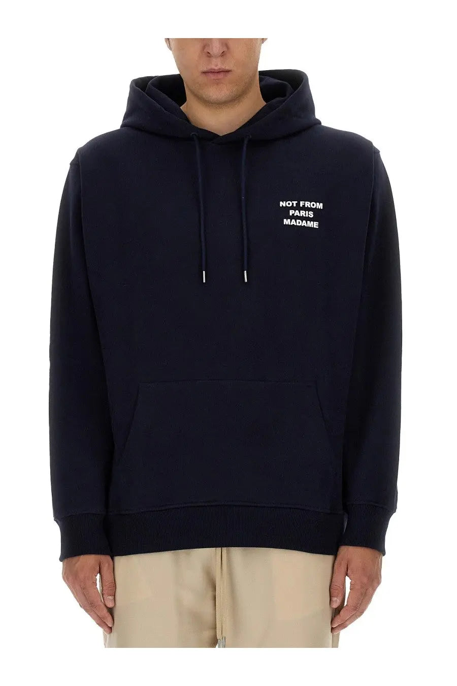Black hooded sweatshirt with white not from paris madame text on chest from drôle de monsieur men’s slogan sweatshirt blue