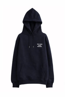 Drôle de monsieur men’s blue slogan sweatshirt with white not from paris madame text on black hoodie chest