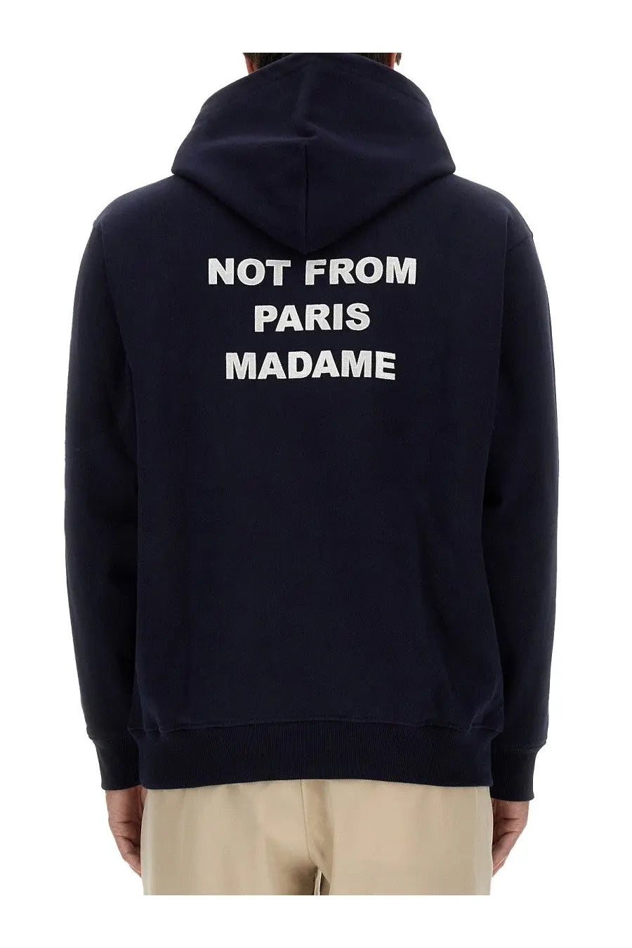 Back of navy blue drôle de monsieur men’s cotton hoodie with white embroidered not from paris madame text