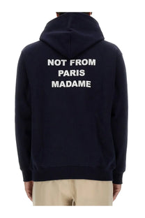 Back of navy blue drôle de monsieur men’s cotton hoodie with white embroidered not from paris madame text