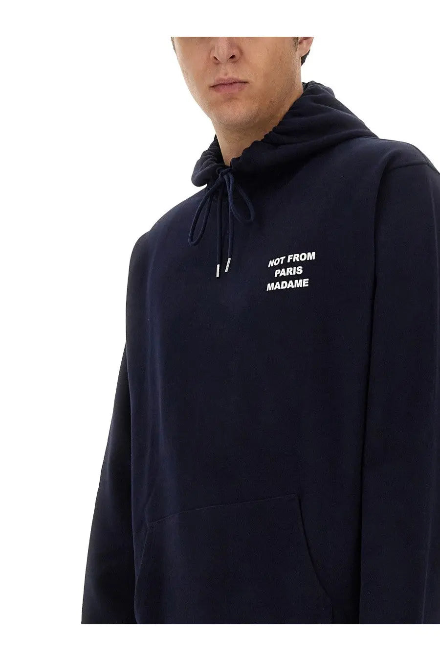 Navy blue drôle de monsieur men’s hoodie with white embroidered not from paris madame text and drawstring hood