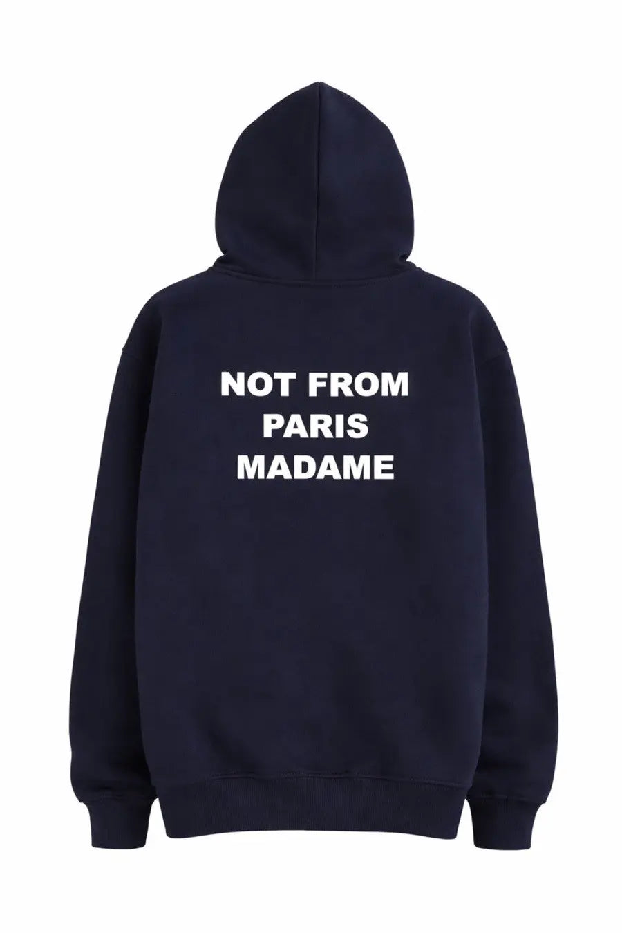 Navy blue cotton Drôle de Monsieur men’s hoodie with white not from paris madame slogan on the back