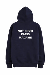 Navy blue cotton Drôle de Monsieur men’s hoodie with white not from paris madame slogan on the back