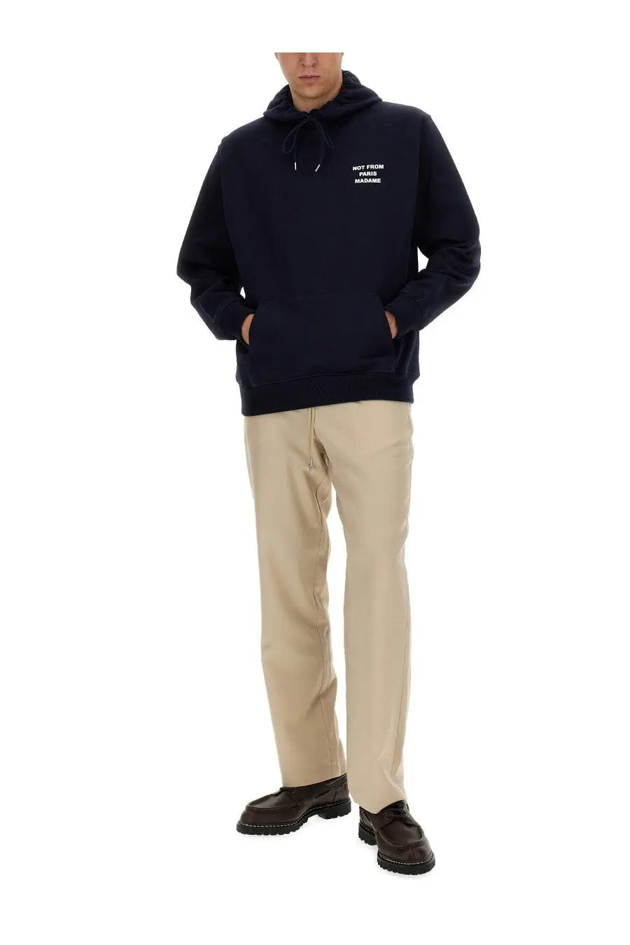 Navy blue drôle de monsieur men’s slogan sweatshirt hoodie with white chest text and drawstring hood in cotton blend