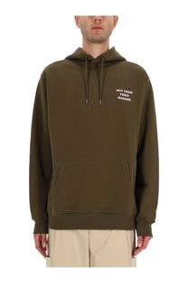 Drôle de Monsieur men’s olive green hooded sweatshirt with white embroidered text on the chest brown slogan style