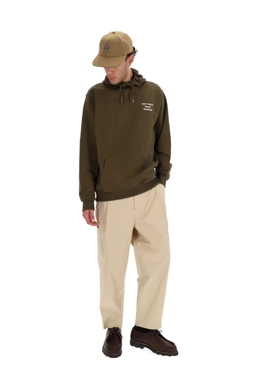 Drôle de Monsieur men’s olive green hooded sweatshirt with white embroidered text and drawstring ties on the chest