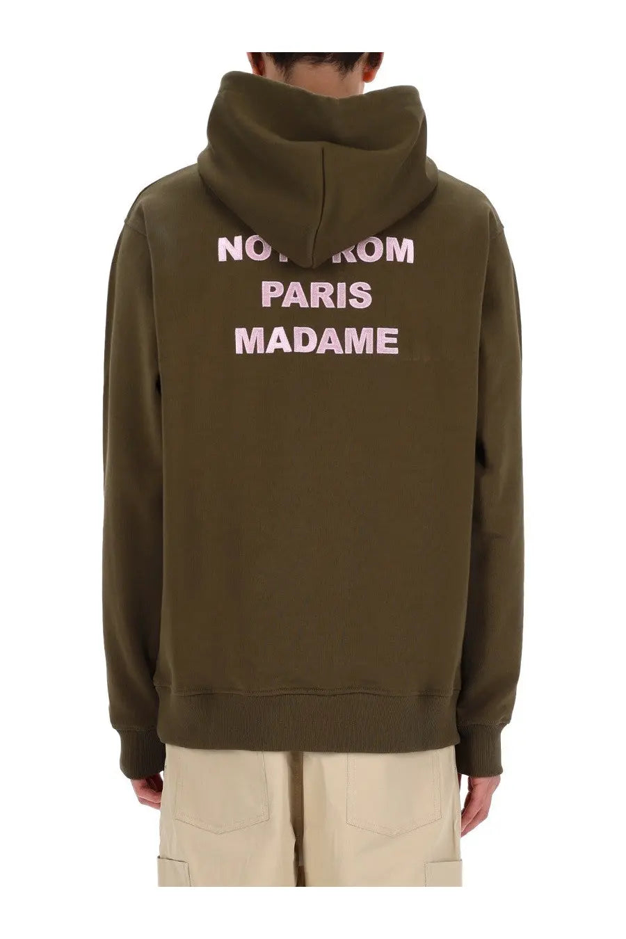 Olive green Drôle de Monsieur men’s cotton hoodie with pink embroidered slogan on the back for casual wear