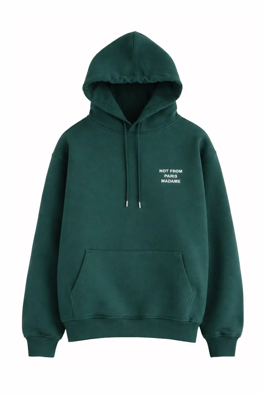 Drôle de Monsieur men’s green hooded sweatshirt with white not from Paris Madame slogan and matching drawstrings