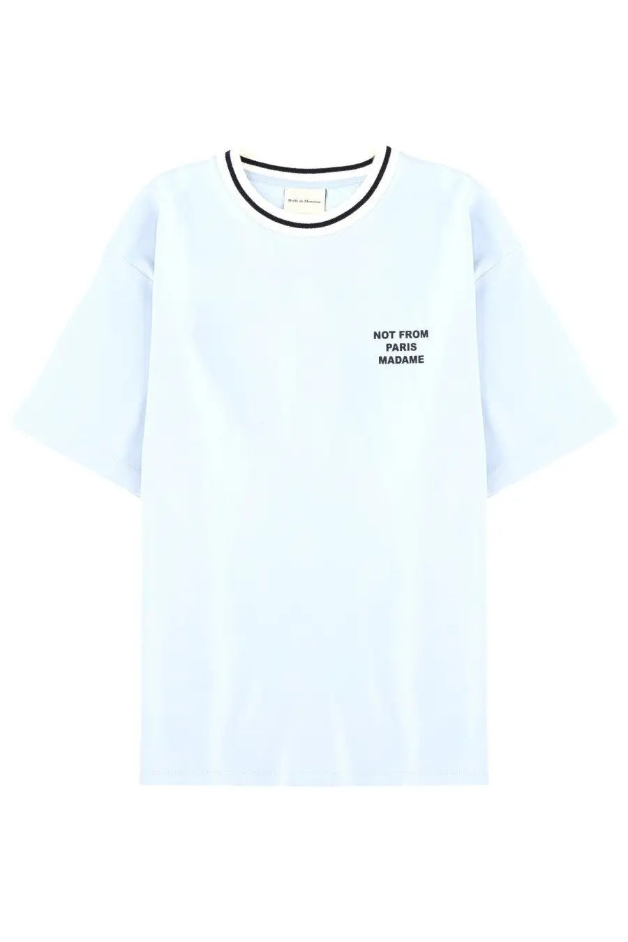 Light blue cotton drôle de monsieur men’s sport slogan t-shirt with black trim and minimalist chest embroidery