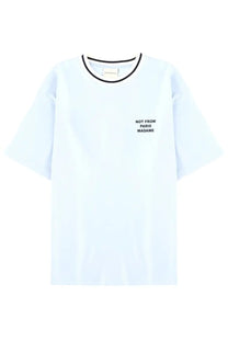 Light blue cotton drôle de monsieur men’s sport slogan t-shirt with black trim and minimalist chest embroidery