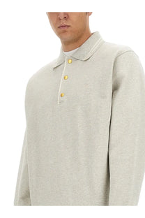 Drôle de Monsieur men’s grey sweatshirt polo in light gray heathered cotton with ribbed collar and gold-tone buttons