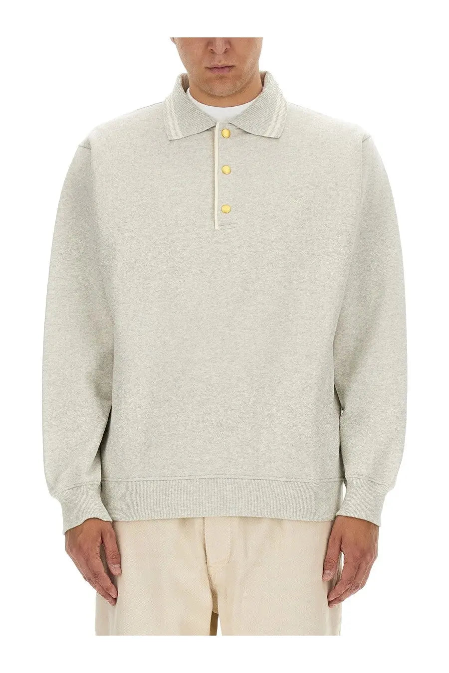 Drôle de Monsieur men’s light gray heathered polo sweater with ribbed collar cuffs and three yellow buttons