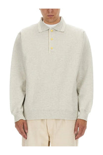 Drôle de Monsieur men’s light gray heathered polo sweater with ribbed collar cuffs and three yellow buttons