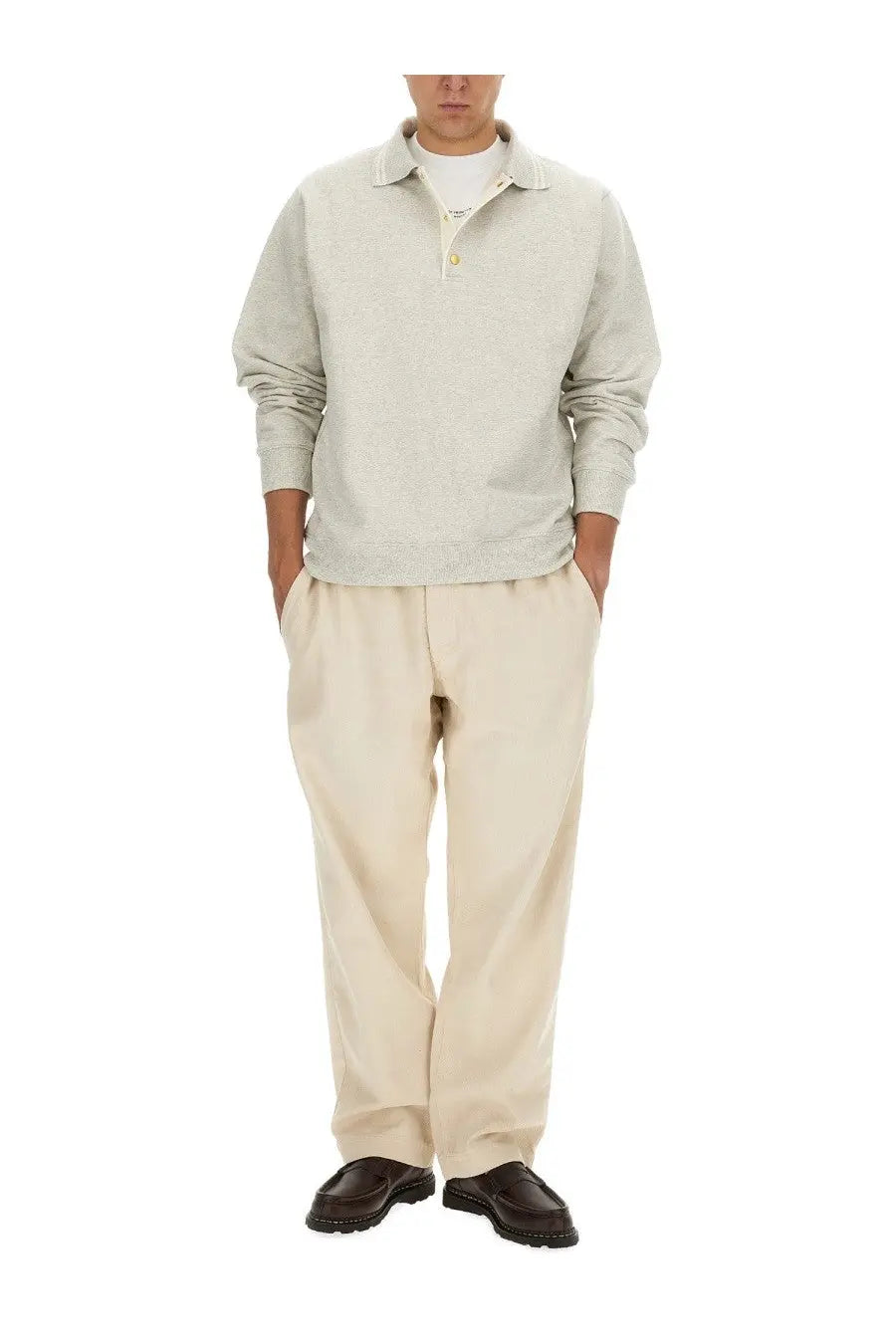 Drôle de Monsieur men’s sweatshirt polo in light gray with textured fabric ribbed collar and buttoned placket