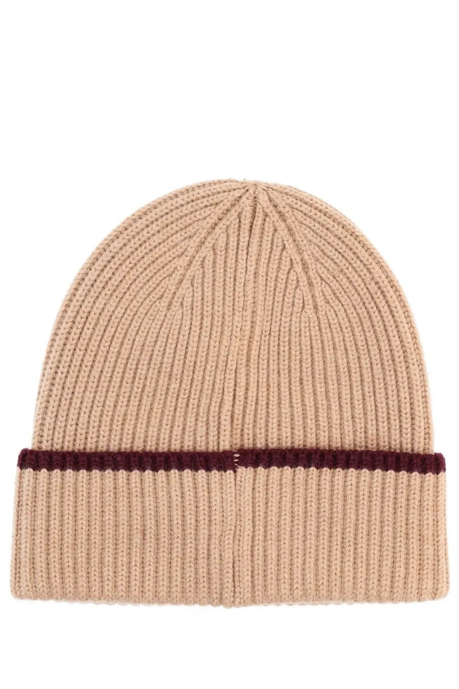 Beige wool knit beanie by drôle de monsieur with ribbed texture and burgundy stripe on folded brim