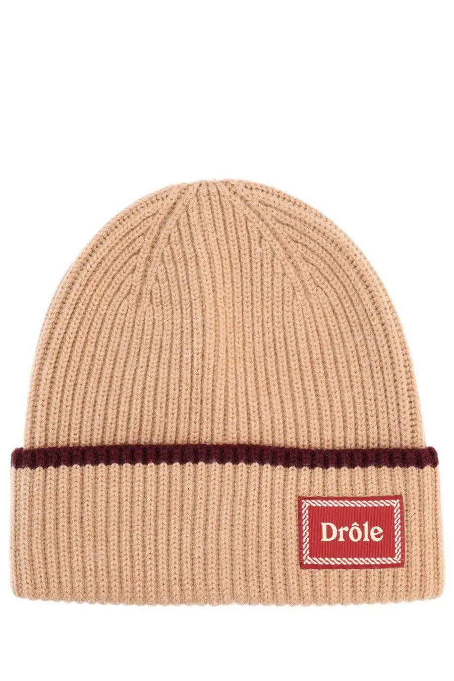 Beige wool ribbed knit beanie with maroon band and red embroidered drôle de monsieur logo patch