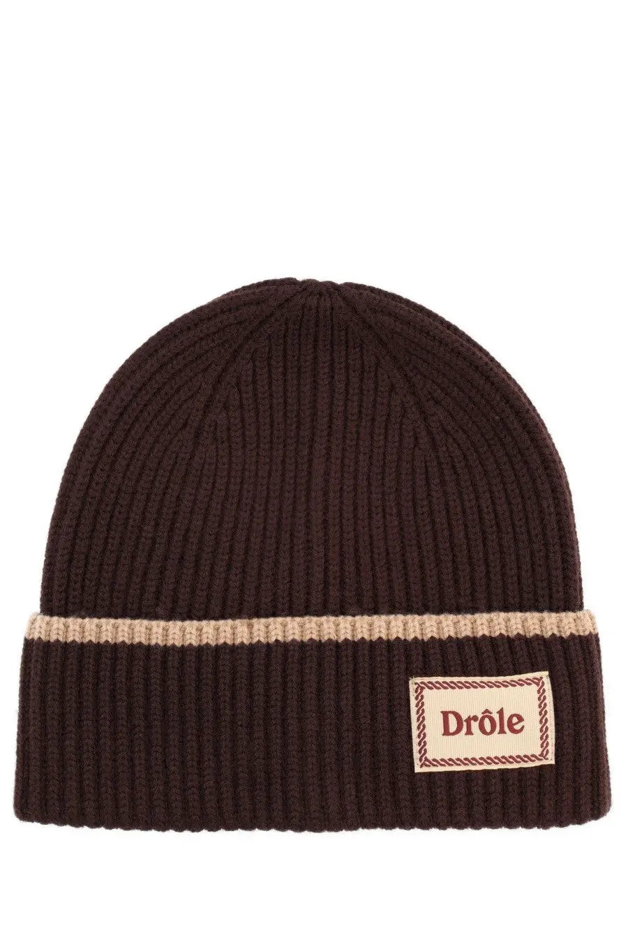 Dark brown wool cap with beige horizontal stripe and branded patch by Drôle de Monsieur men’s ribbed knit beanie