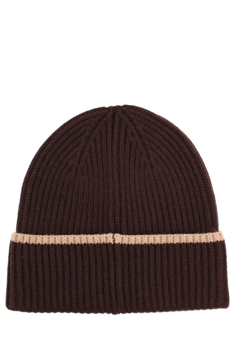 Drôle de Monsieur men’s wool cap brown dark brown ribbed knit beanie with beige stripe on folded brim