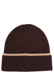 Drôle de Monsieur men’s wool cap brown dark brown ribbed knit beanie with beige stripe on folded brim