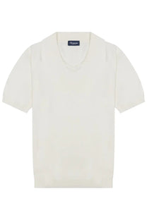 Drumohr men’s white cotton polo shirt with cream-colored short sleeves ribbed collar and neatly stitched seams