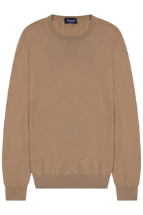 Beige Drumohr men’s cotton crewneck sweater with ribbed cuffs and hem and subtle brand tag at neckline