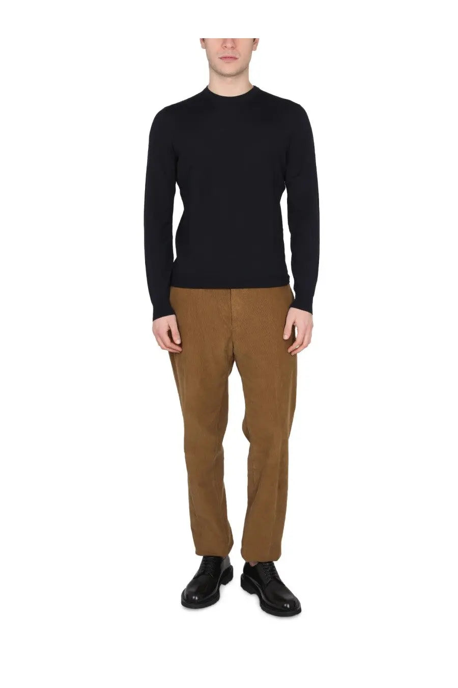 Drumohr men’s black wool jersey long-sleeved crew neck sweater showcasing multicolor knit details