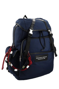 Dsquared2 men’s backpack heritage blue in navy blue with black leather accents silver hardware and red and white rope detailing