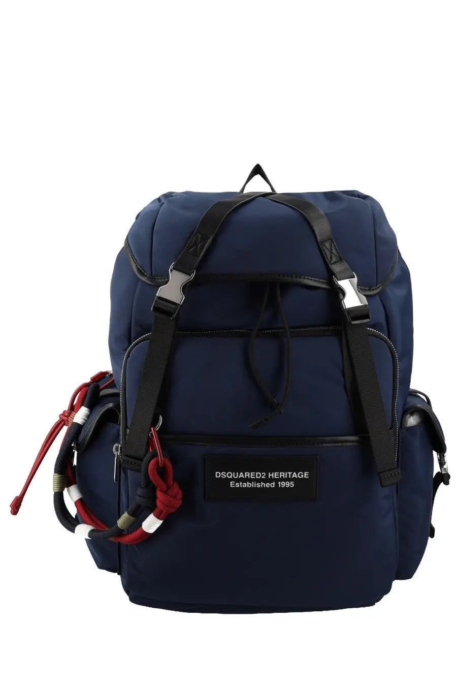Dsquared2 men’s navy blue heritage backpack with black straps and red and white rope accents