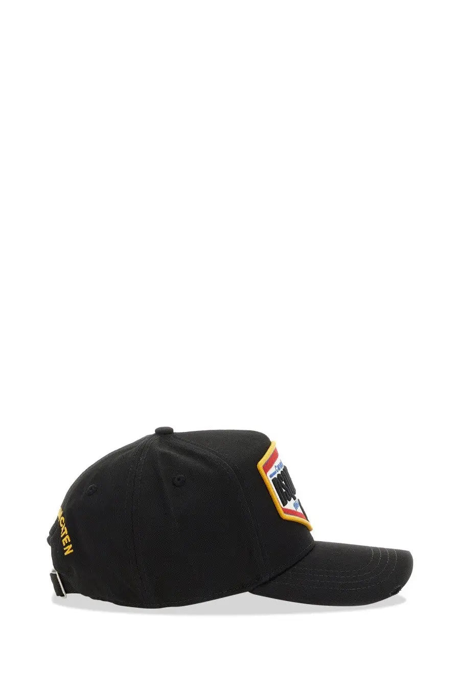 Dsquared2 men’s black baseball cap with colorful side patch and yellow embroidered text along the brim