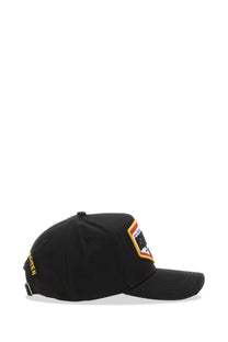 Dsquared2 men’s black baseball cap with colorful side patch and yellow embroidered text along the brim