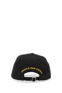 Dsquared2 men’s black baseball cap with gold embroidered dean and dan caten logo and silver buckle on back