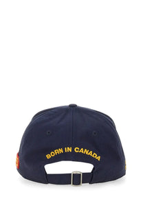 Dsquared2 men’s blue baseball cap with yellow born in canada embroidery and silver buckle on the back side