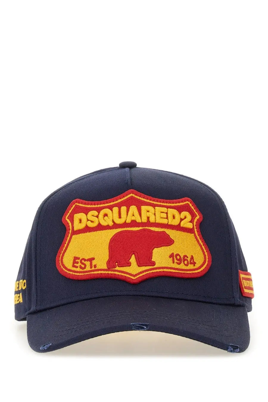 Navy blue dsquared2 men’s baseball cap with yellow and red embroidered bear patch for casual wear