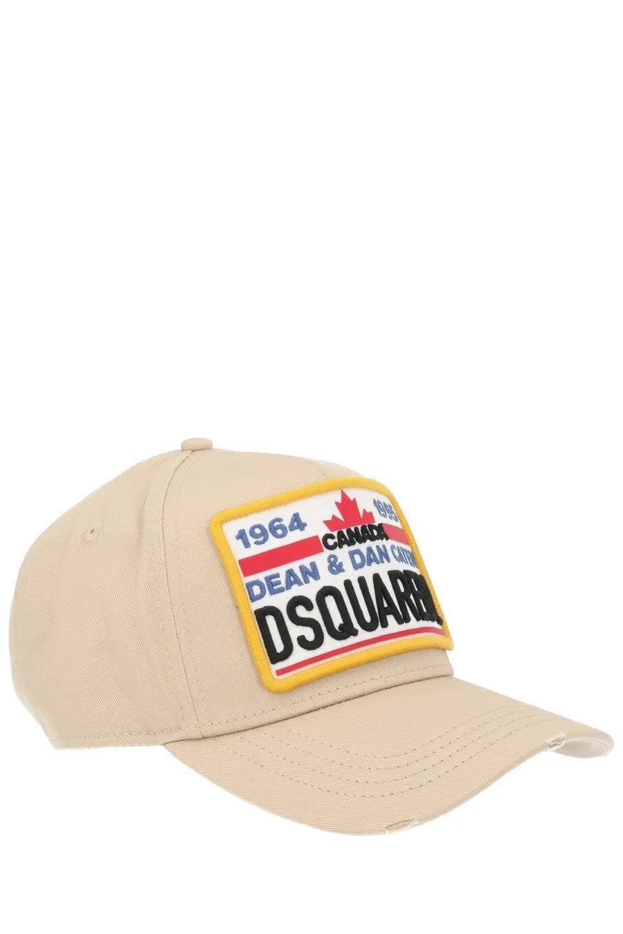 Beige dsquared2 men’s baseball hat with a red white and blue patch featuring a maple leaf emblem