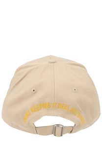 Beige dsquared2 men’s baseball hat showing back side with yellow embroidered text and silver buckle closure
